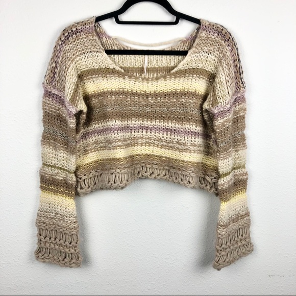 FREE PEOPLE Chunky Knit Cropped Sweater Bell Sleev - Picture 3 of 15